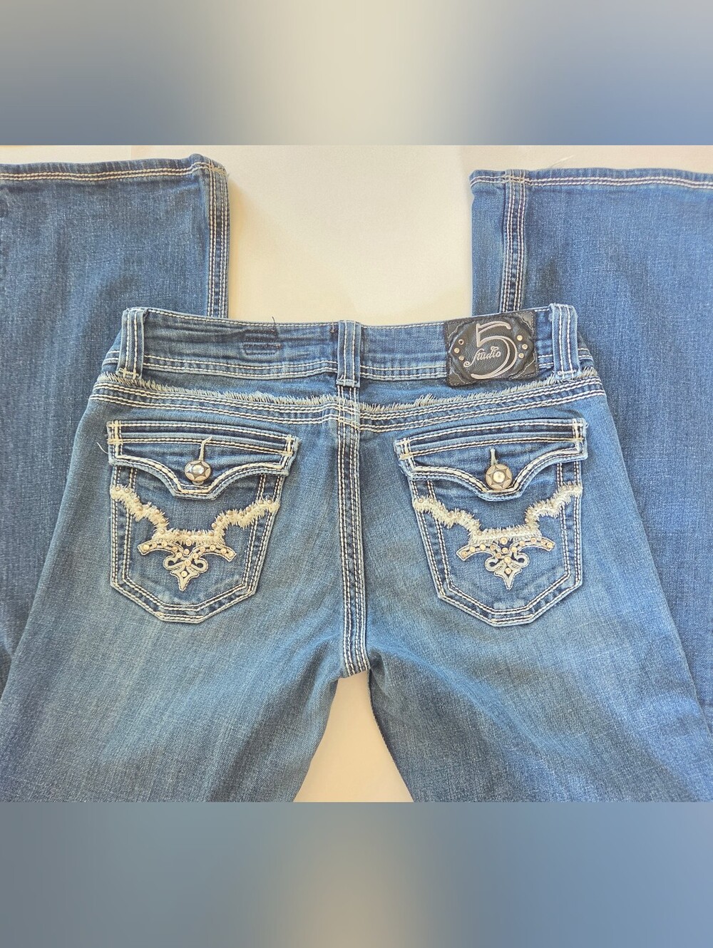 Studio 5 Slim Bootcut Thick Stitch Rhinestone Western Blue Jeans Juniors 7 x 33